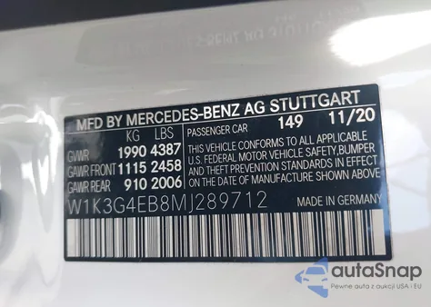 2021 Mercedes-Benz A 220 from USA, damaged, VIN W1K3G4EB8MJ289712